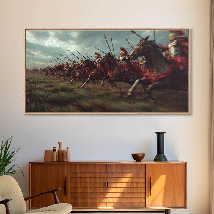 Ancient Cavalry Charge Across Battlefield Wall Art, Horse Racing Battle Canvas Print, Greek Warrior Decor, Dramatic History Poster