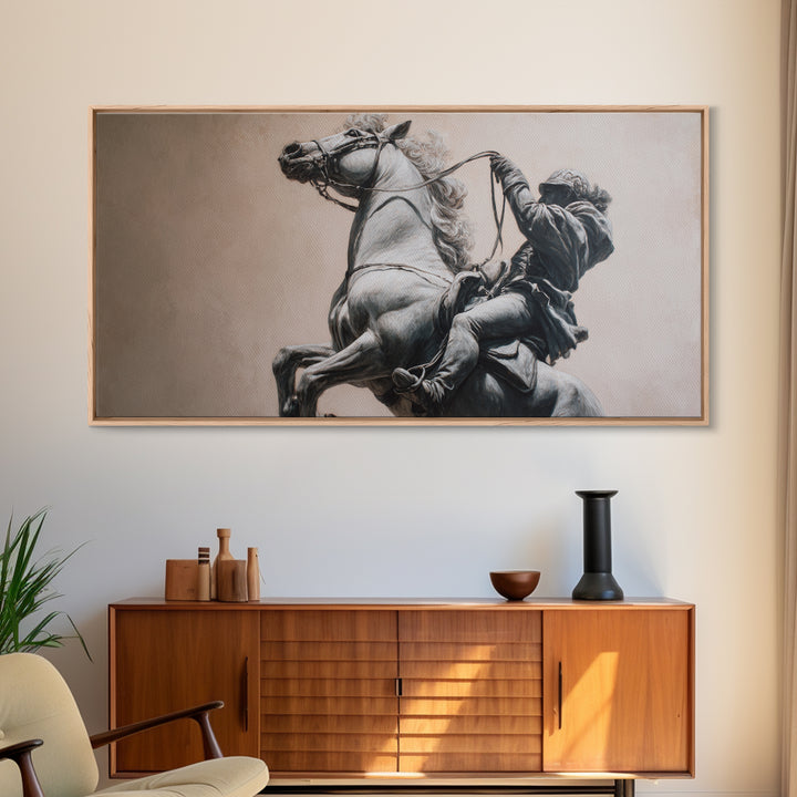 Rearing Horse And Rider Wall Art, Black And White Equestrian Print, Western Warrior Decor, Masculine Office Gift For Him