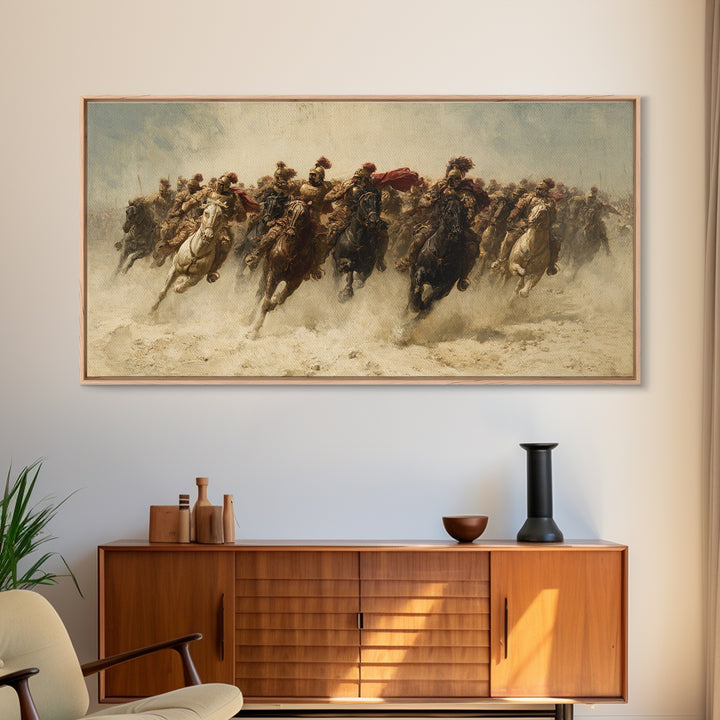 Charging Cavalry Across Dusty Plains Canvas Print, Equestrian Battle Wall Art, Western Horse Decor, Statement Living Room Art