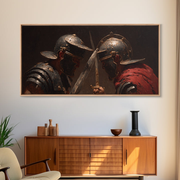 Close Combat Helmeted Knights Crossing Swords Framed Canvas Print, Medieval Duel Wall Art, Dark Academia Office Decor Gift