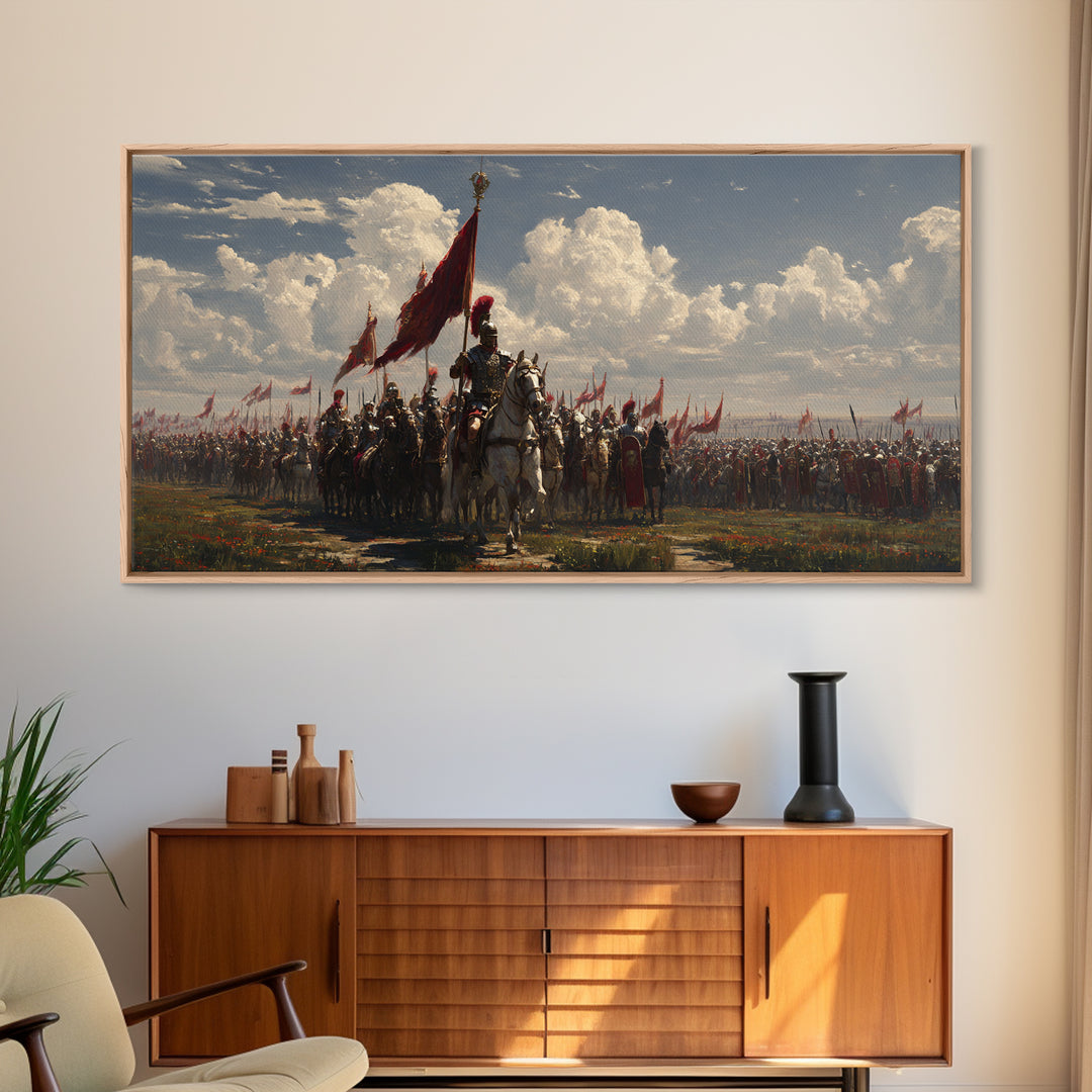 Mounted Knight Army With Red Banner Framed Canvas Print, Medieval Battle Wall Decor, Historical Art, Living Room Decor, Statement Artwork