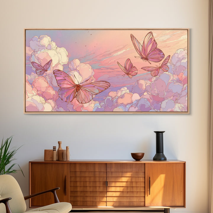 Pastel Butterfly Clouds Wall Art, Dreamy Pink Sky Illustration, Whimsical Nursery Decor, Celestial Bedroom Print For Girls Room