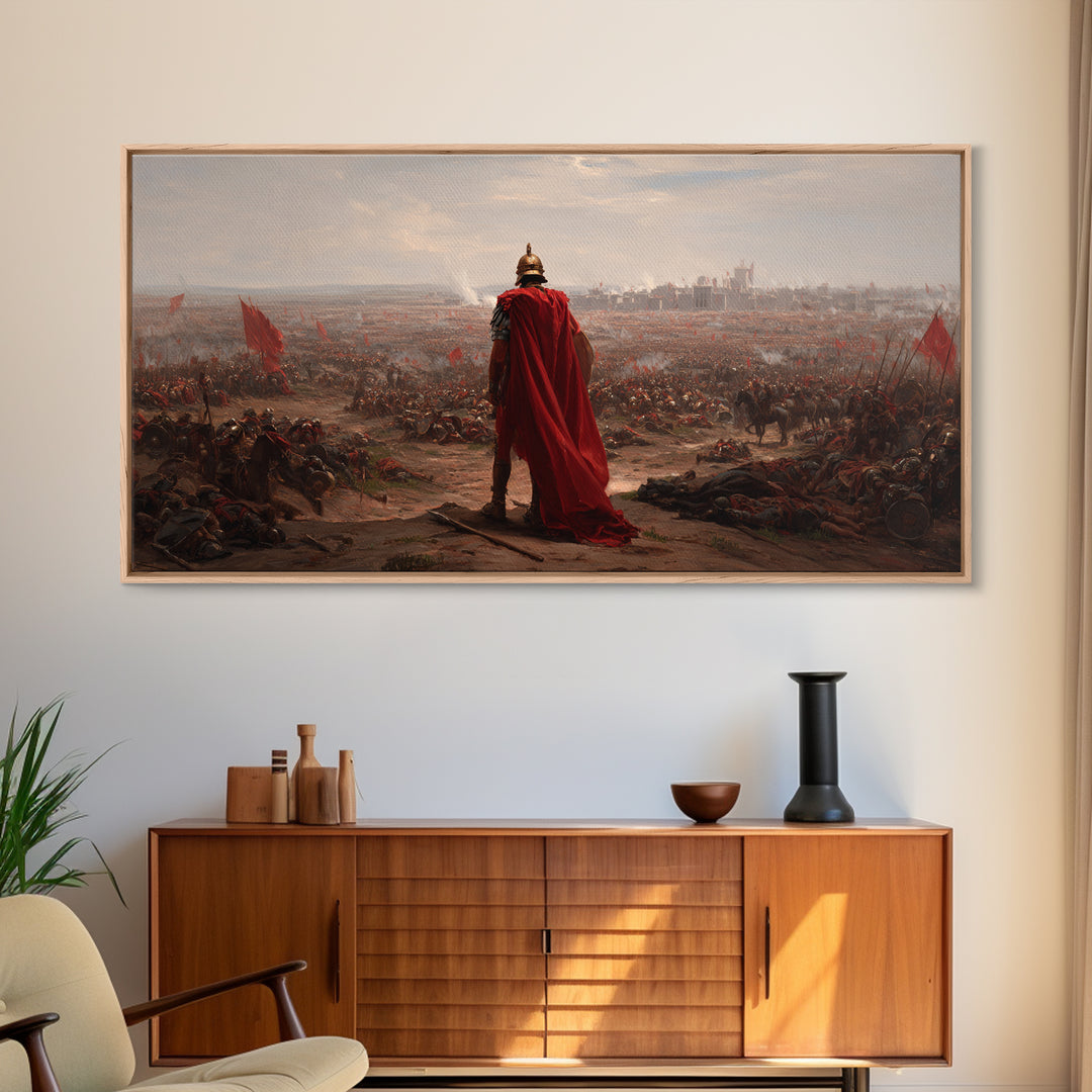 Roman General Over Epic Battlefield Framed Canvas Print, Ancient War Landscape Wall Art, Historical Decor For Living Room