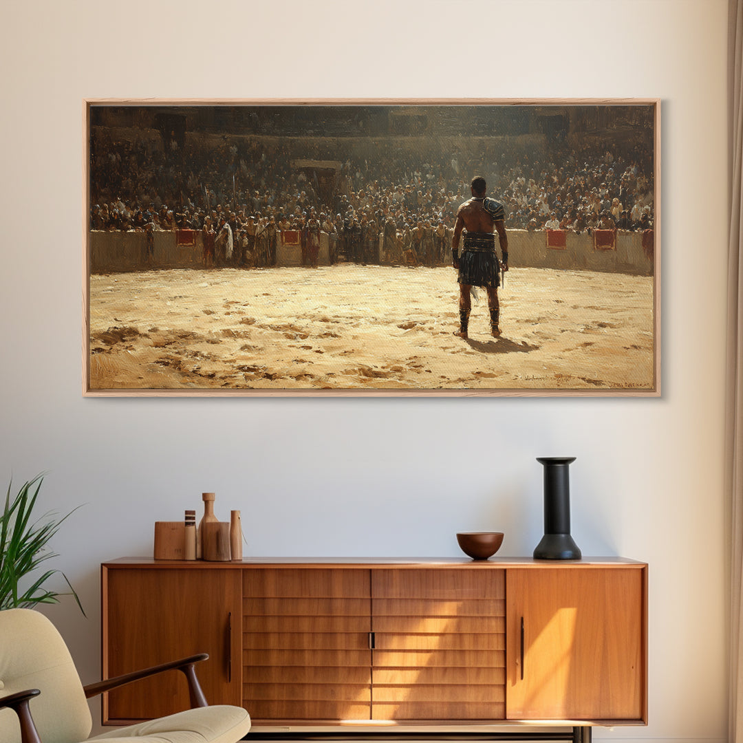 Gladiator Facing Roaring Arena Wall Art, Ancient Rome Warrior Canvas Decor, Historical Battle Painting For Man Cave Decor