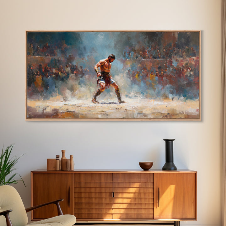 Boxer In Spotlight Arena Wall Art Sports Oil Painting, Boxing Champion Canvas Print, Masculine Man Cave Decor Gift For Him