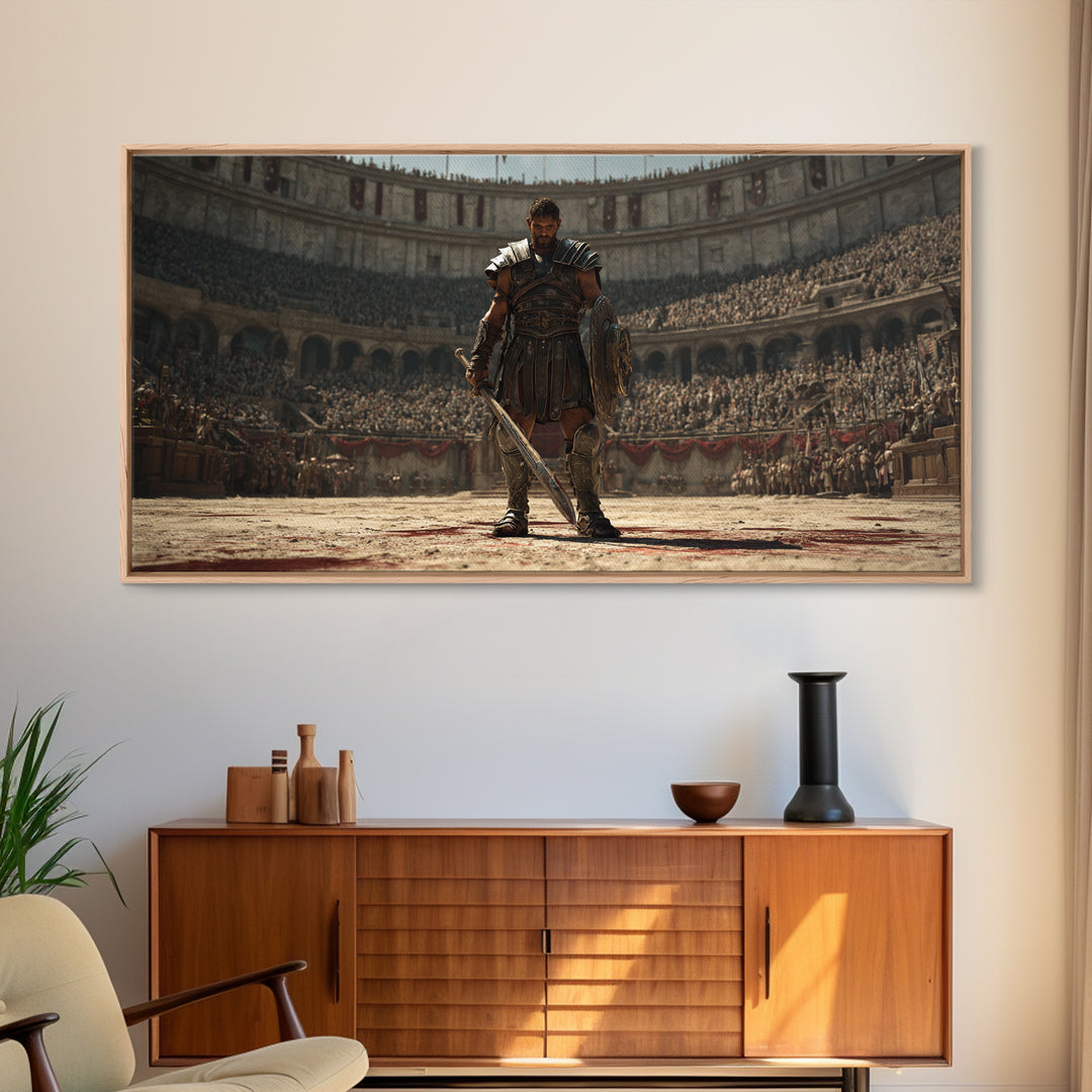 Majestic Gladiator In Arena With Sword And Shield Large Wall Art Framed Canvas Print For Man Cave Decor And Historical Art Prints