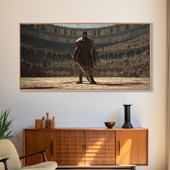 Majestic Gladiator In Arena With Sword And Shield Large Wall Art Framed Canvas Print For Man Cave Decor And Historical Art Prints