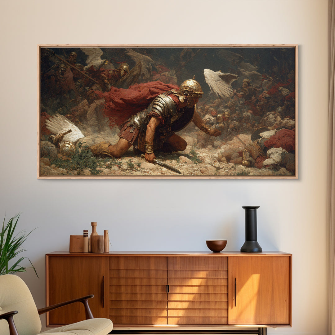 Fallen Roman Soldier In Chaotic Battle Framed Canvas Print, Classical War Wall Decor, Baroque History Art, Dark Academia
