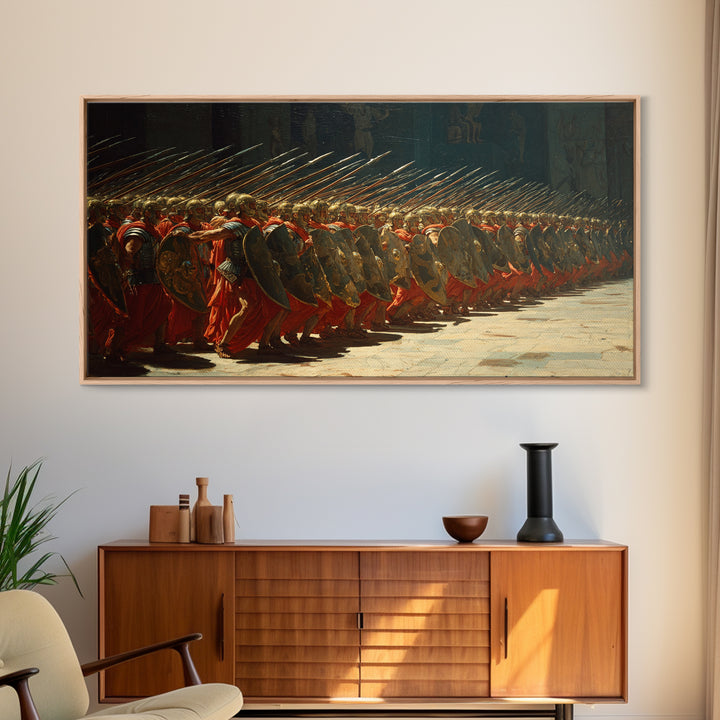 Ancient Phalanx Soldiers With Spears Framed Canvas Print, Greek Warrior Wall Art, Classical Battle Decor For Study And Office