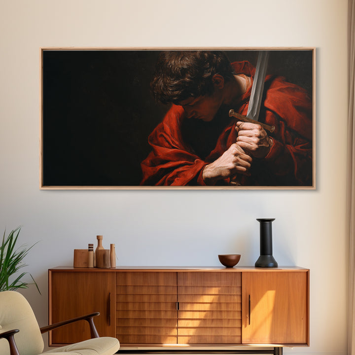 Red Cloaked Swordsman In Shadow Framed Canvas Print, Medieval Portrait Wall Art, Dark Academia Office Decor, Gift For Him