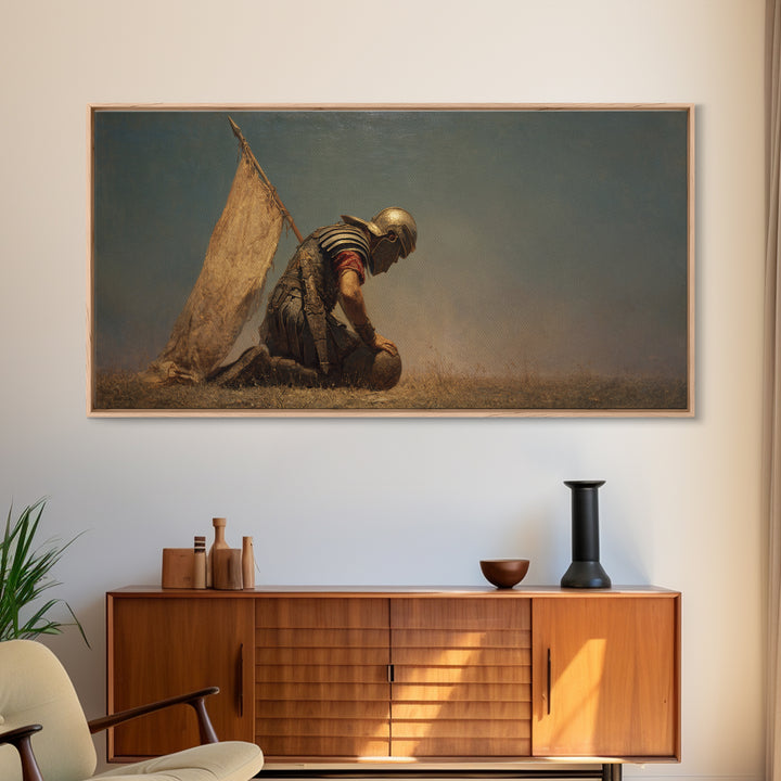 Kneeling Ancient Soldier Beside Tent Canvas Print, Historical Warrior Wall Art, Desert Battlefield Decor, Masculine Gift For Him