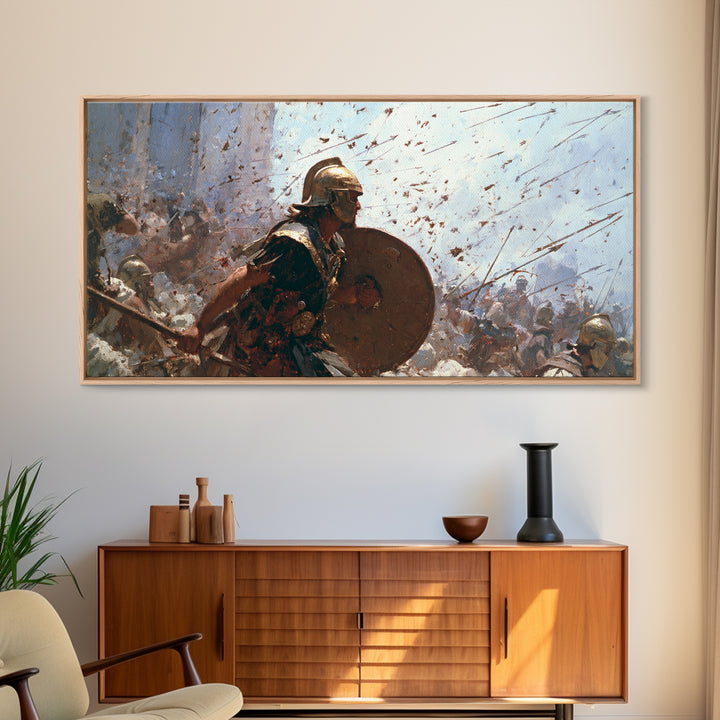 Ancient Shield Bearer Charging Through Arrows Wall Art, Roman Battle Painting, Historical Warrior Living Room Decor Gift For Him