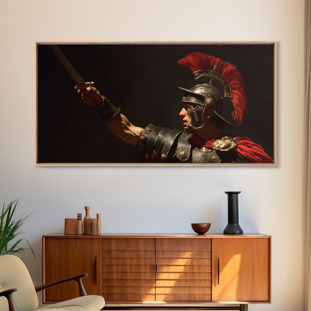 Roman Centurion Raising Sword Framed Canvas Print, Ancient Warrior Wall Art, Dark Academia Decor, Gift For Him, Masculine Office Decor