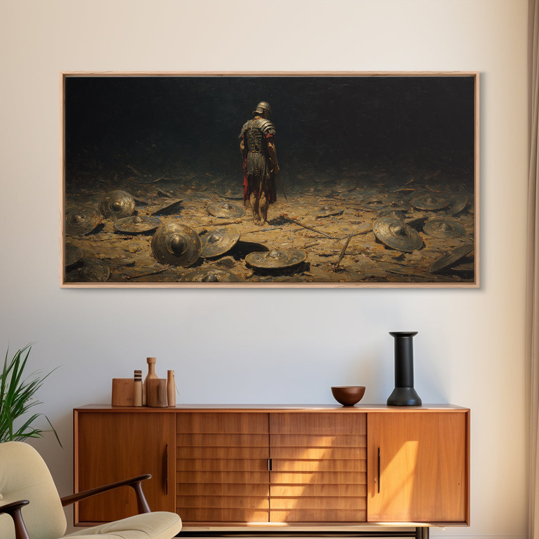 Lone Roman Warrior On Battlefield Framed Canvas Print, Dark Historical Wall Art, Moody Ancient Decor, Masculine Office Art