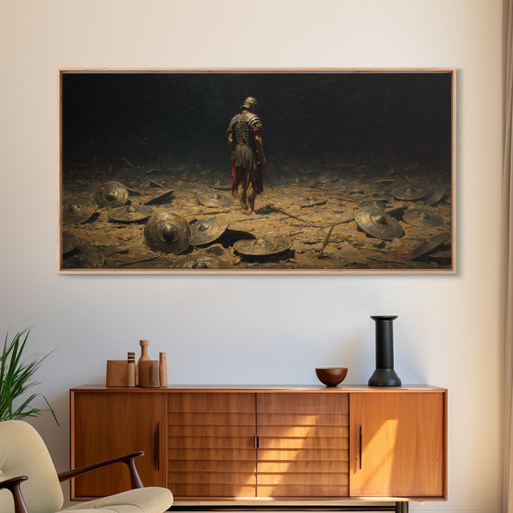 Lone Roman Warrior On Battlefield Framed Canvas Print, Dark Historical Wall Art, Moody Ancient Decor, Masculine Office Art