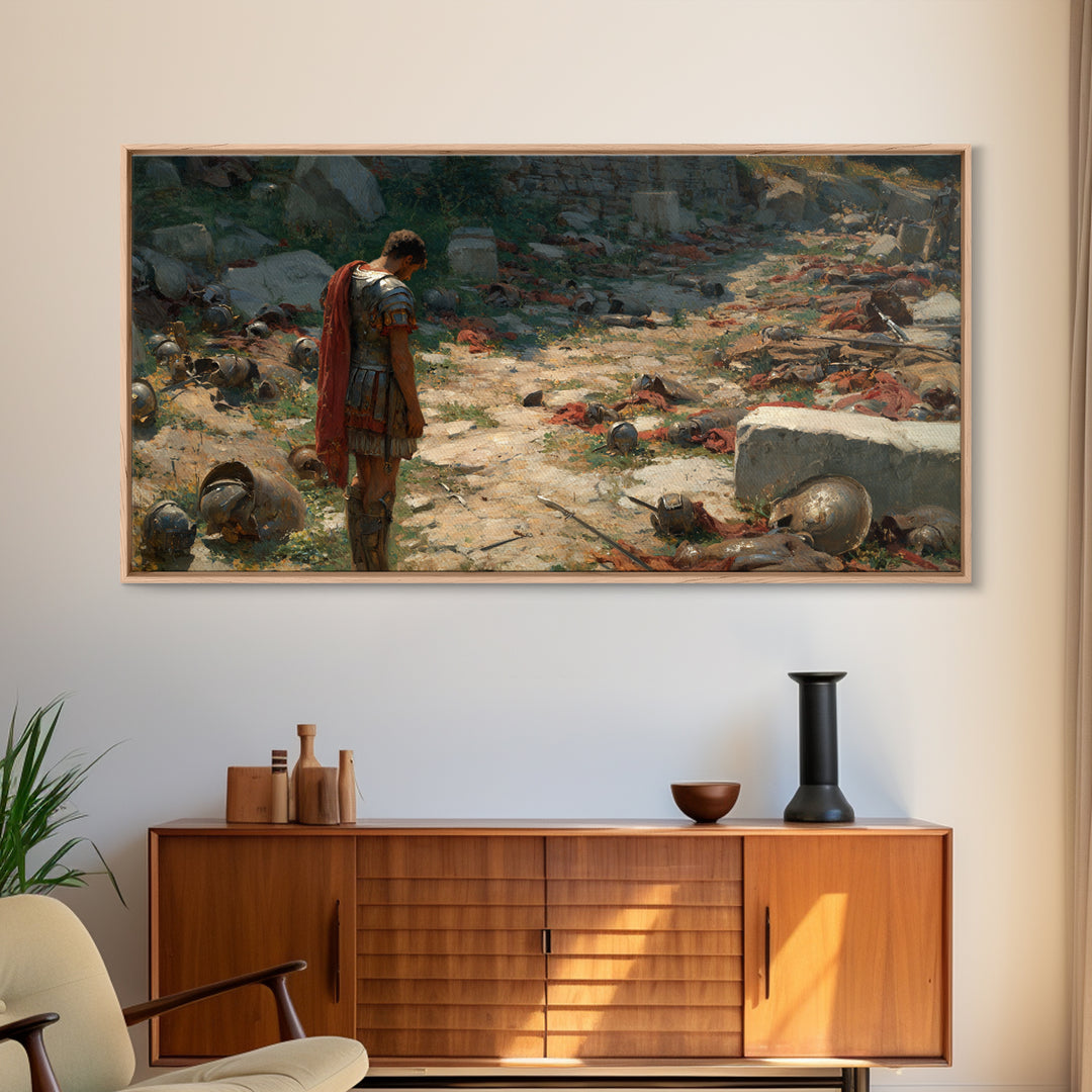 Roman Soldier After Battle Wall Art, Ancient Warrior Canvas Painting, Historical Ruins Decor, Moody Office Art Gift For Him