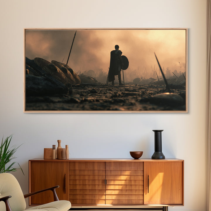 Lonely Spartan Warrior On Smoky Battlefield Canvas Print, Ancient Greek Wall Art, Masculine Office Decor, Gift For Him Poster