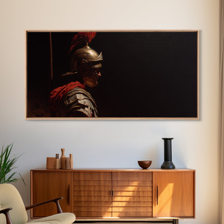 Roman Legion Helmet In Dramatic Shadow Wall Art, Classical Warrior Canvas, Dark Academia Decor, Masculine Office Art Print