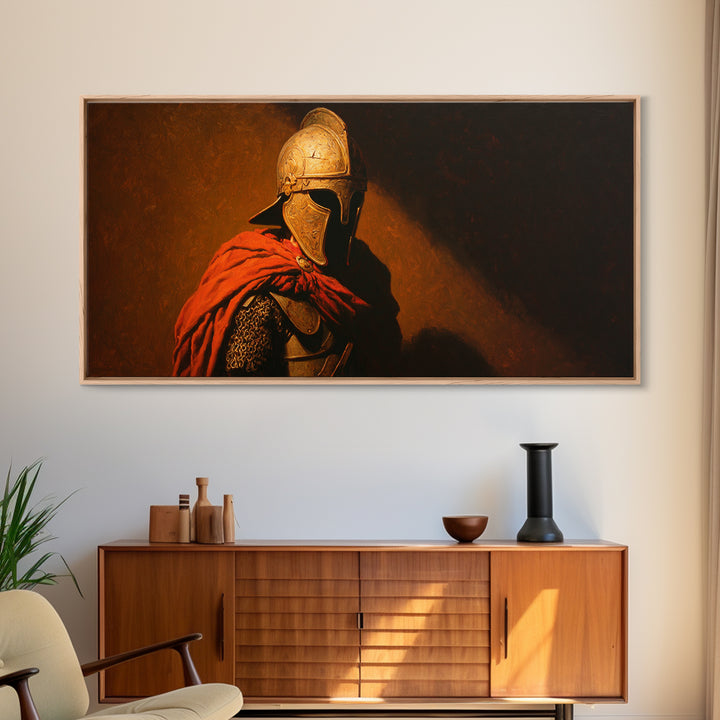 Ancient Helmeted Warrior In Red Cloak Canvas Print, Spartan Wall Art, Dark Academia Decor, Masculine Office Gift For Him