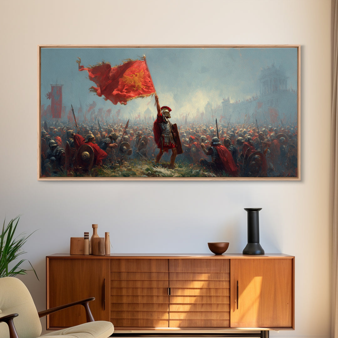 Roman Standard Bearer Battle Wall Art, Ancient Warrior Canvas Decor, Historical Painting, Large Living Room Art Print Gift For Him