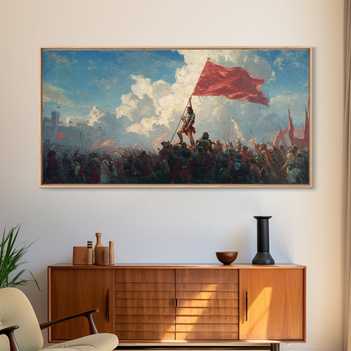 Epic Red Flag Battle Scene Wall Art, Historical Warrior Canvas, Dramatic Army Painting, Large Living Room Decor Gift For Him