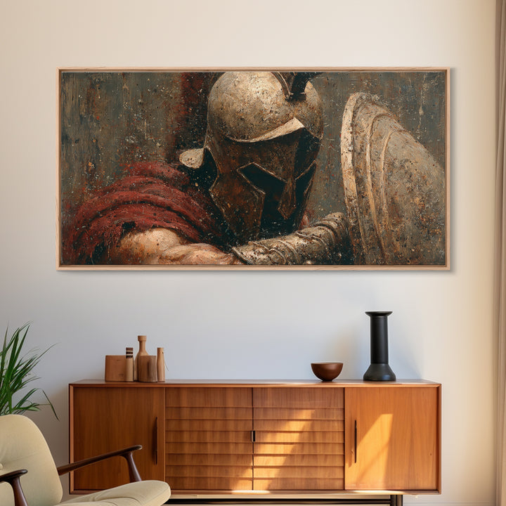 Bronze Helmet And Shield Warrior Framed Canvas Print, Ancient Battle Wall Art, Textured Painting, Gift For Him, Masculine Office Decor