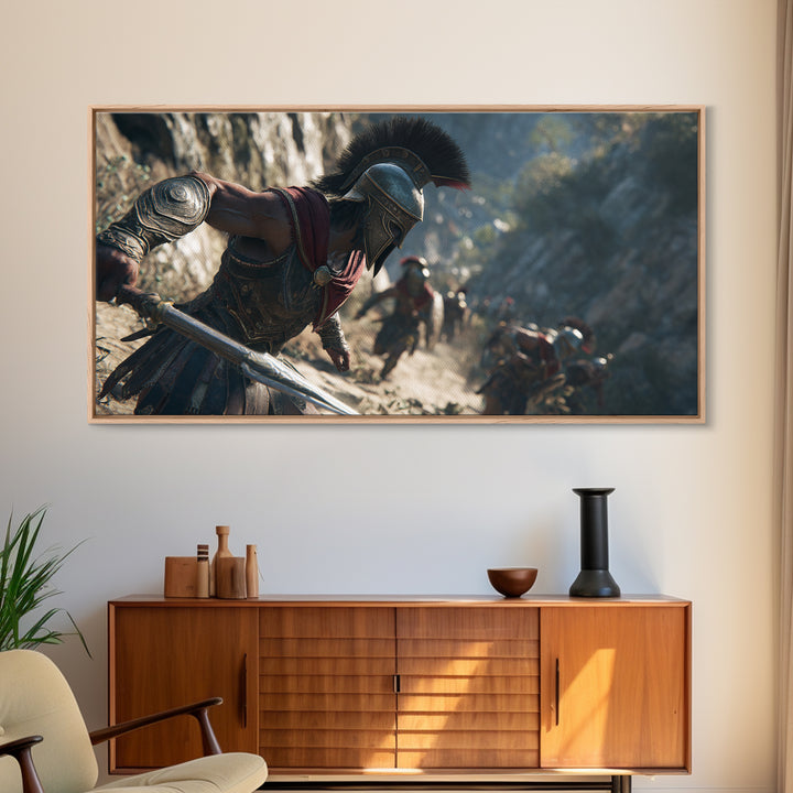 Spartan Warrior Sprinting Through Mountain Pass Wall Art, Ancient Greek Canvas Print, Battle Scene Decor, Masculine Office Poster