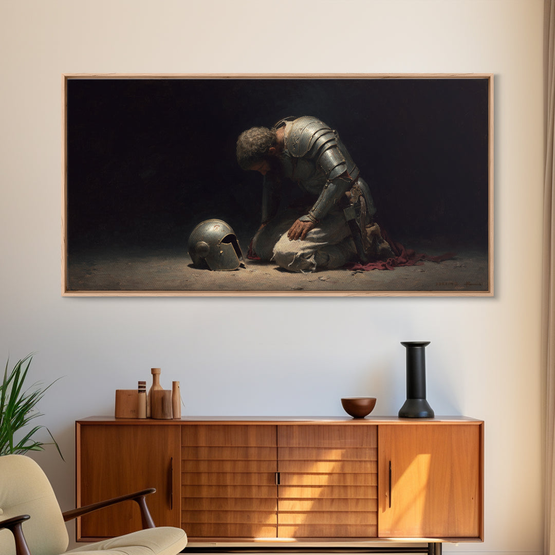Kneeling Knight With Helmet Wall Art, Dark Medieval Canvas Painting, Gothic Warrior Decor, Moody Office Art Gift For Him