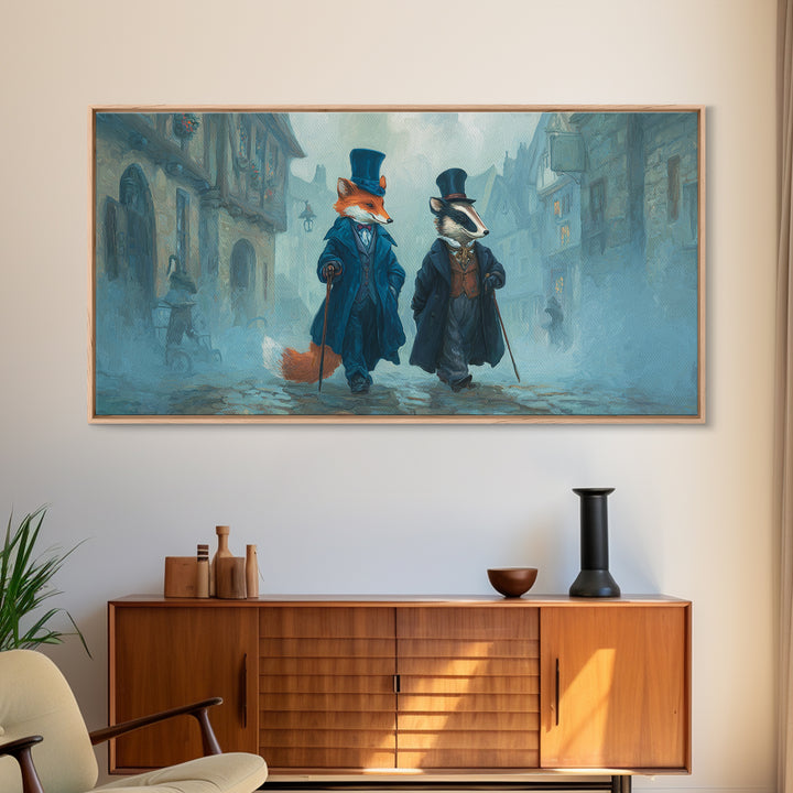 Dapper Fox And Badger In Foggy Village Canvas Print, Whimsical Animal Wall Art, Storybook Nursery Decor Gift, Kids Room Art