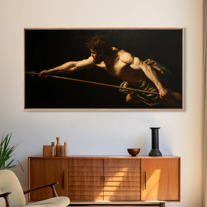 Muscular Warrior With Spear In Dramatic Shadow Wall Art, Baroque Classical Canvas, Dark Academia Decor, Mythology Art Print
