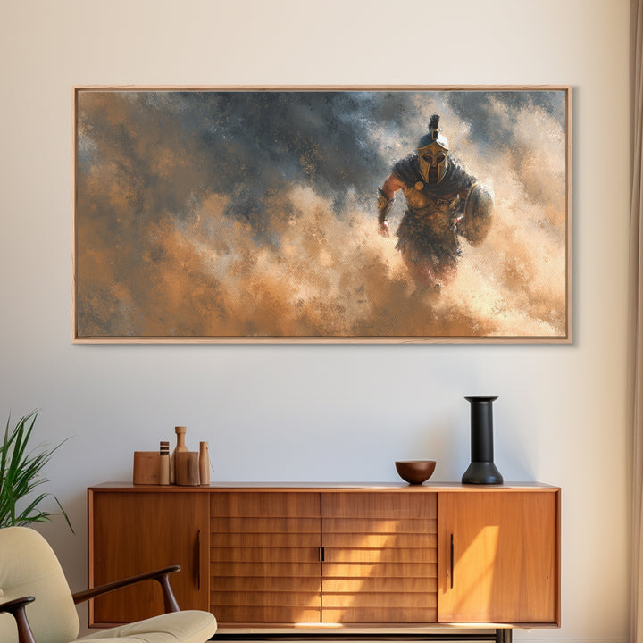 Armored Gladiator Charging Through Dust Framed Canvas Print, Roman Warrior Wall Art, Dramatic Man Cave Decor, Gift For Him