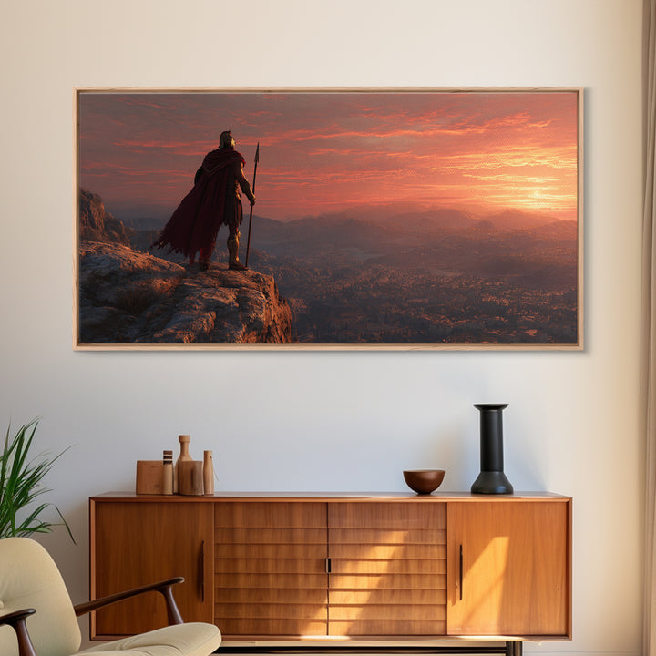 Epic Ancient Warrior Standing On Cliff Overlooking Valley Sunset Landscape Wall Art Modern Digital Painting Canvas Print For Office Decor