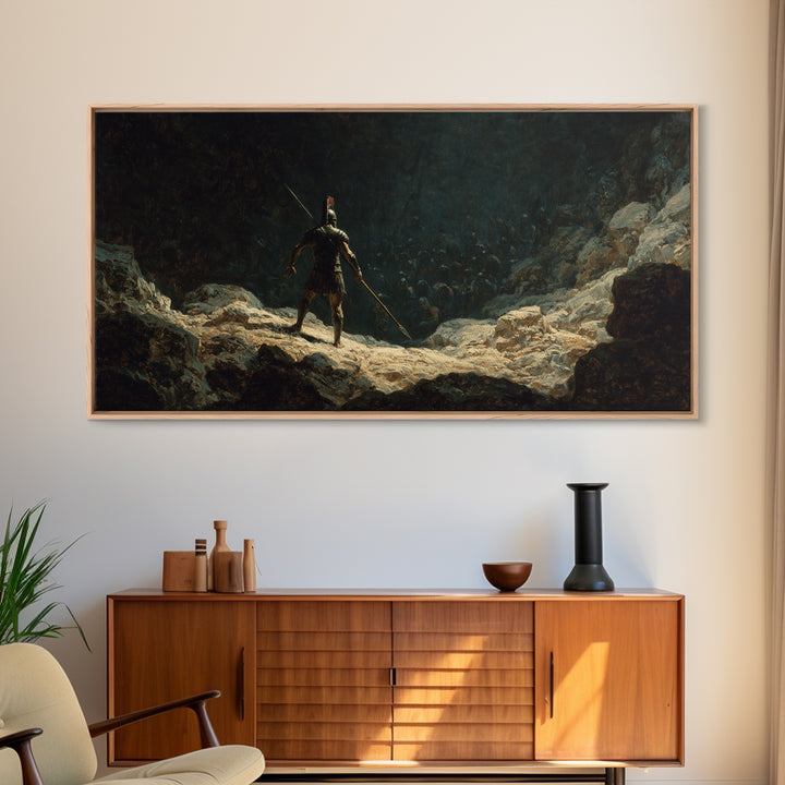 Lone Spear Warrior Facing Shadow Army Wall Art, Ancient Battle Canvas Print For Dark Fantasy Home Decor And Man Cave Office Decor