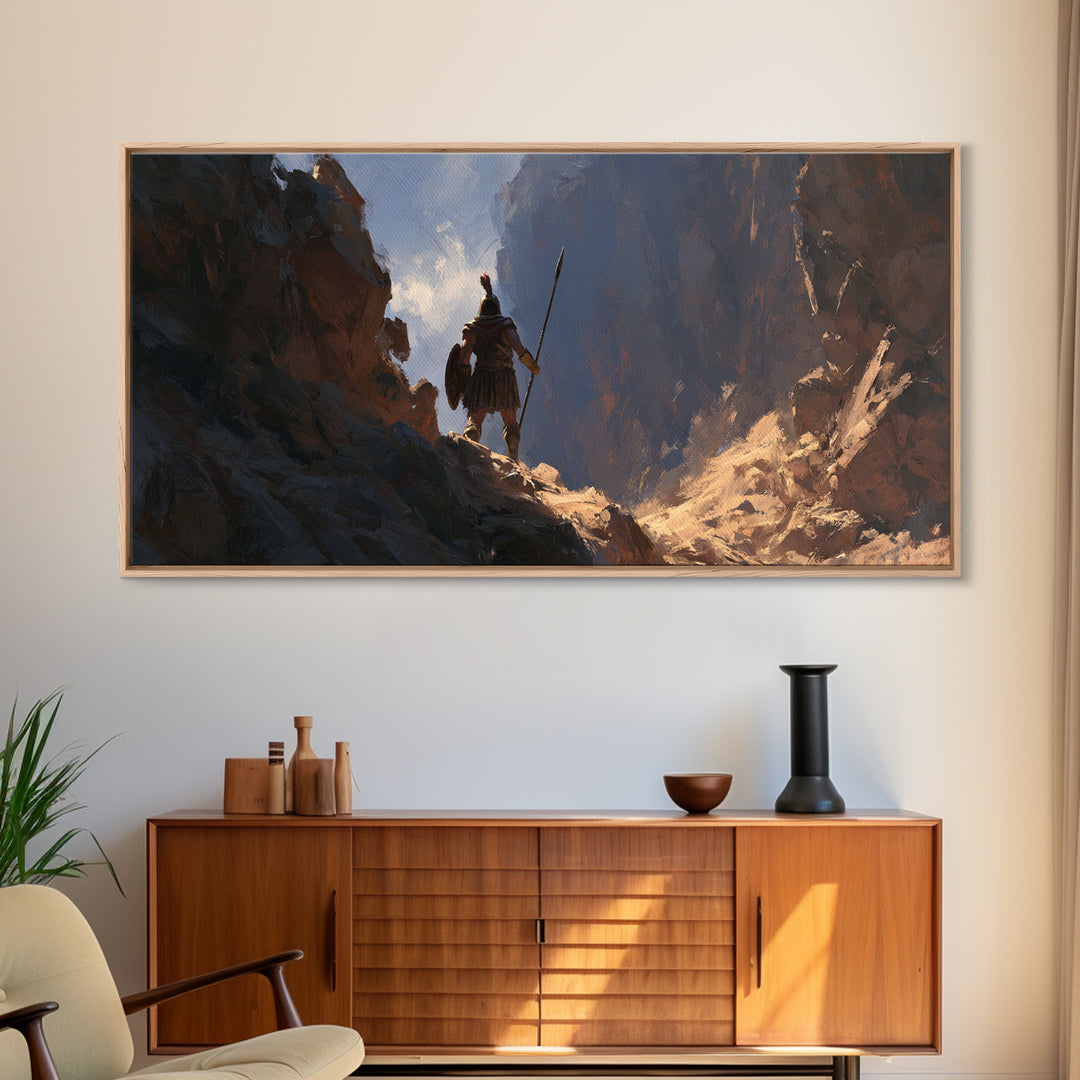 Lone Warrior In Mountain Canyon Framed Canvas Print, Fantasy Art, Mountain Wall Art, Rustic Decor, Gift For Him, Office Wall Art