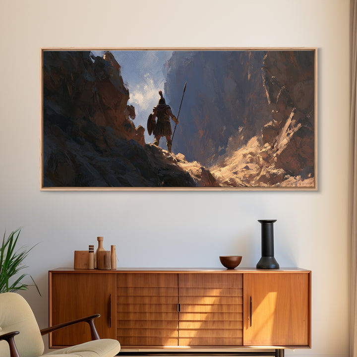 Lone Warrior In Mountain Canyon Framed Canvas Print, Fantasy Art, Mountain Wall Art, Rustic Decor, Gift For Him, Office Wall Art