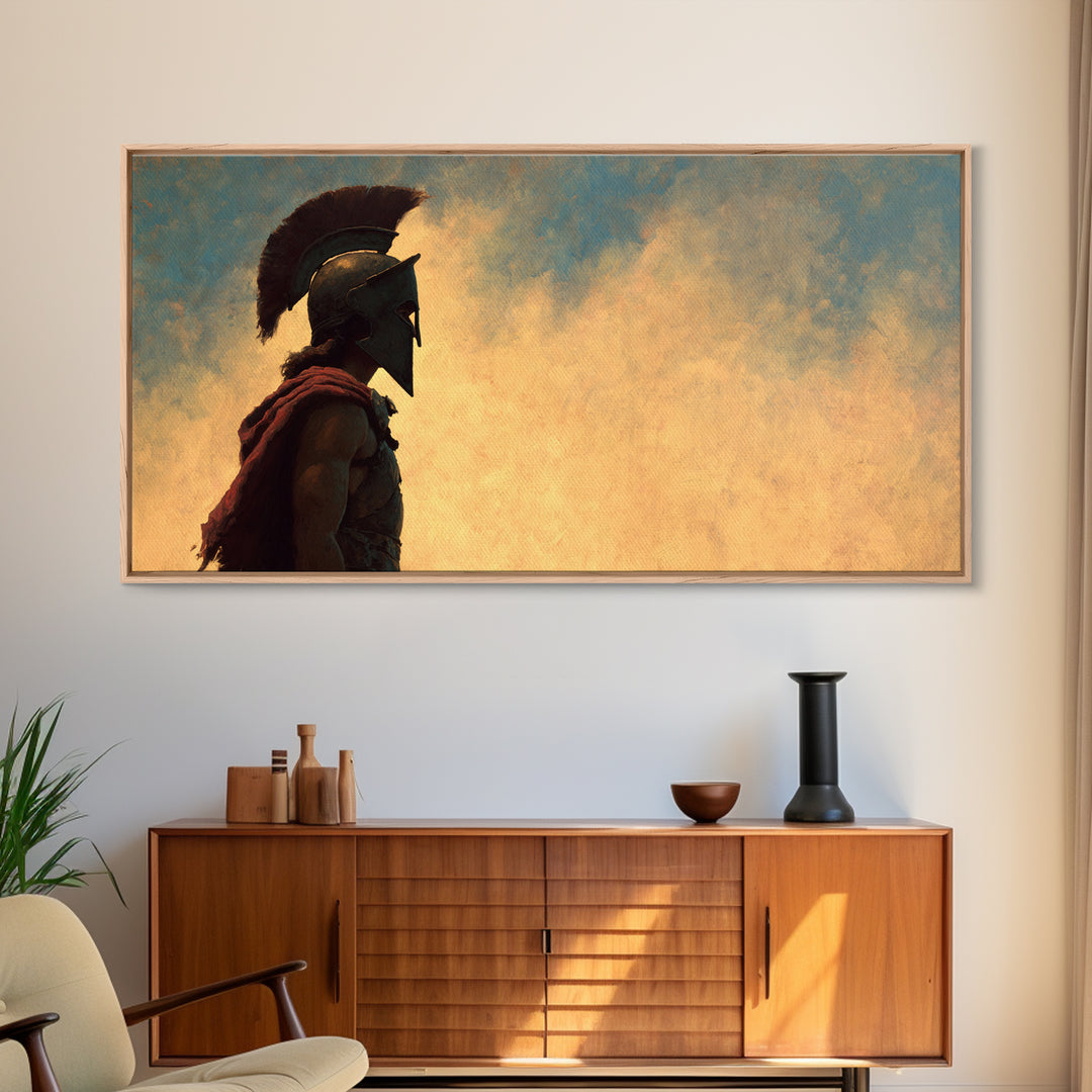 Spartan Warrior In Golden Sky Canvas Print, Ancient Greece Wall Art, Classical Decor, Historical Gift For Him, Living Room Decor