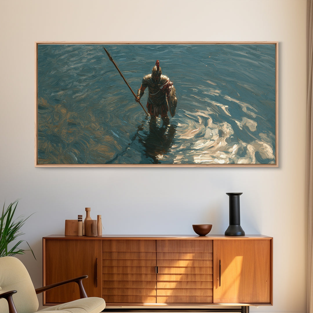 Armored Knight Standing In Shimmering Water Canvas Print, Medieval Fantasy Wall Art, Moody Lake Decor For Living Room Art