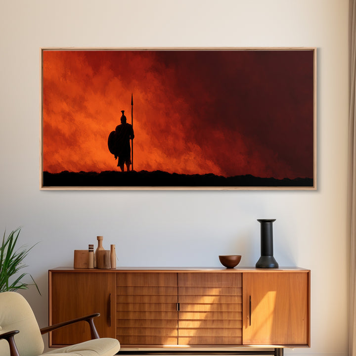 Lone Spear Warrior At Fiery Red Horizon Wall Art, Epic Fantasy Battle Canvas, Dark Warrior Decor, Man Cave Gift, Home Office Decor