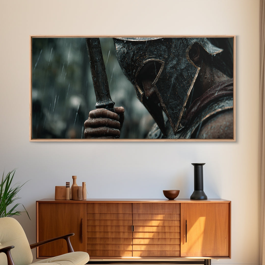 Rain Soaked Spartan Helmet And Axe Framed Canvas Print, Dark Warrior Wall Art, Ancient Battle Decor, Masculine Gift For Him