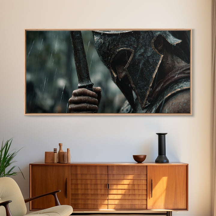 Rain Soaked Spartan Helmet And Axe Framed Canvas Print, Dark Warrior Wall Art, Ancient Battle Decor, Masculine Gift For Him