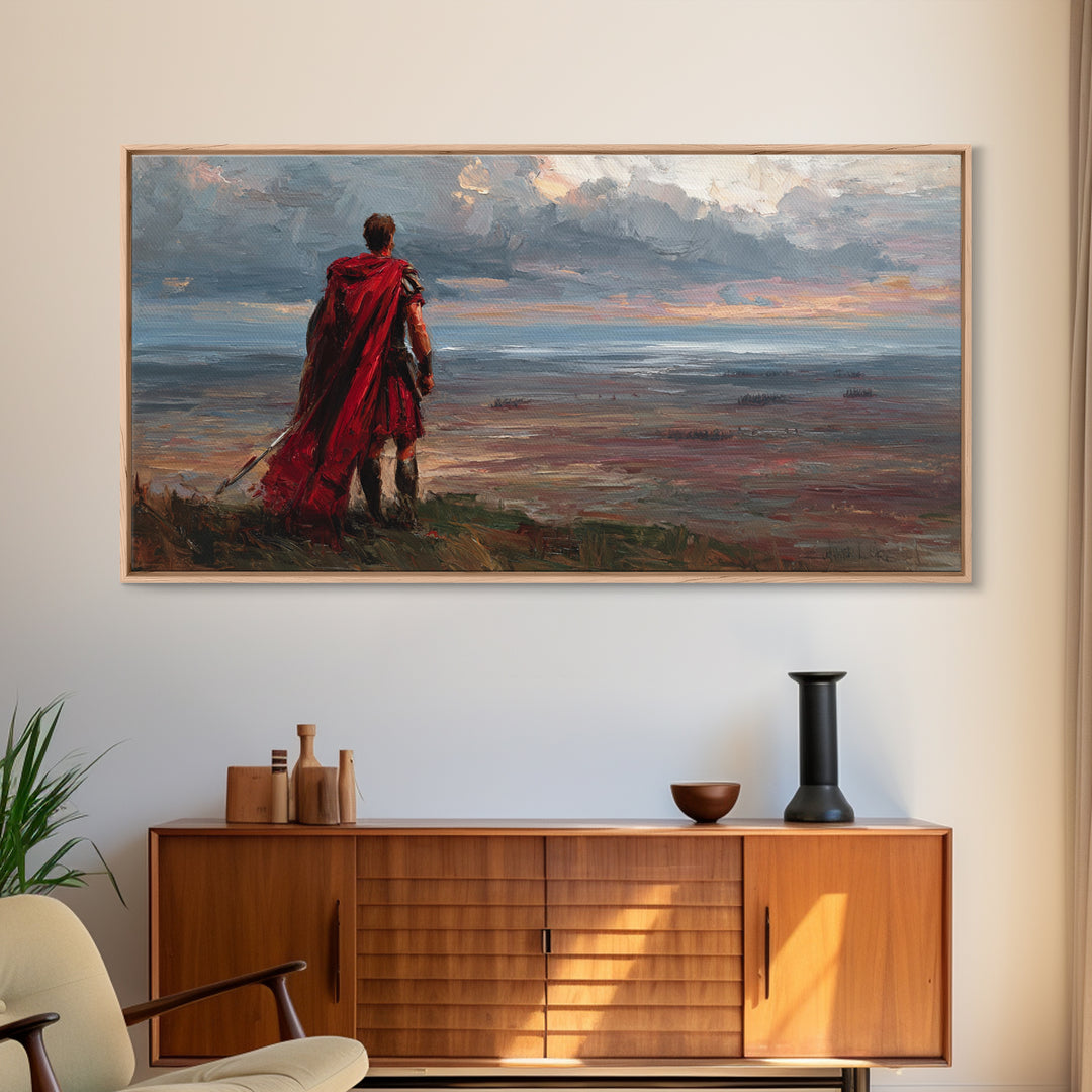 Red Cloaked Warrior Over Stormy Shore Wall Art, Epic Coastal Landscape Canvas Print, Fantasy Living Room Decor, Gift For Him