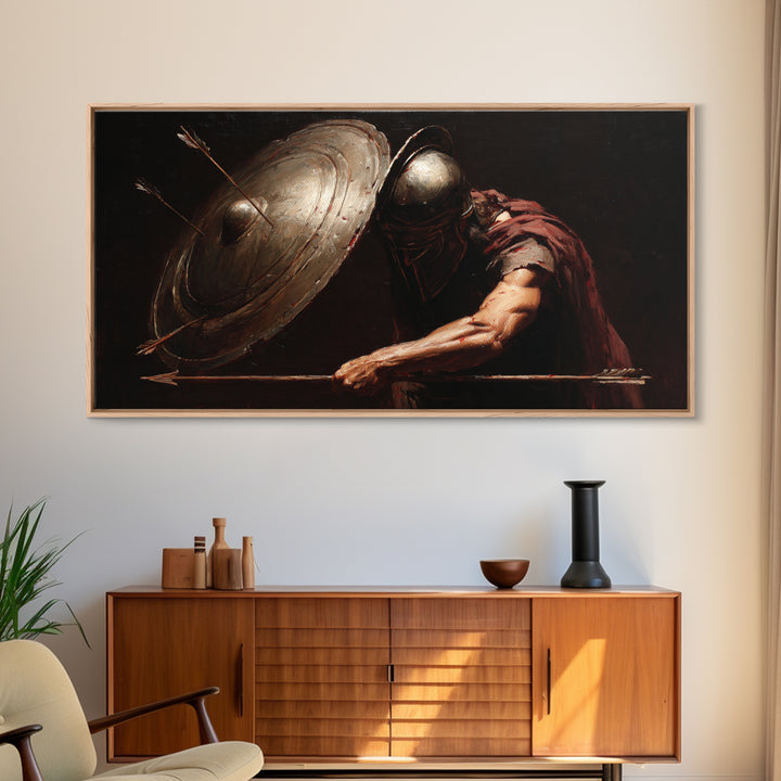 Armored Warrior With Shield And Spear Canvas Print, Dark Fantasy Wall Art, Medieval Battle Decor For Office Or Man Cave Gift