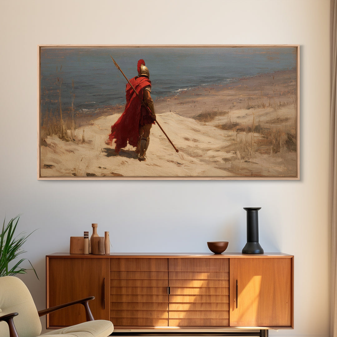 Lone Spartan Warrior On Shore Framed Canvas Print, Ancient Greek Wall Art, Historical Coastal Decor, Masculine Gift For Him