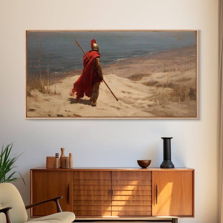 Lone Spartan Warrior On Shore Framed Canvas Print, Ancient Greek Wall Art, Historical Coastal Decor, Masculine Gift For Him