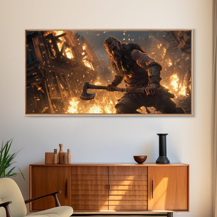Fiery Viking Warrior Holding Axe Against Burning Village Background Canvas Print For Rustic Home Decor And Office Art