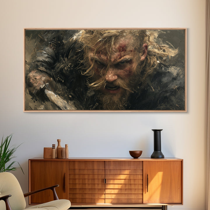 Fierce Viking Berserker Close Up Canvas Print, Nordic Warrior Portrait Wall Art, Dark Medieval Decor For Masculine Office