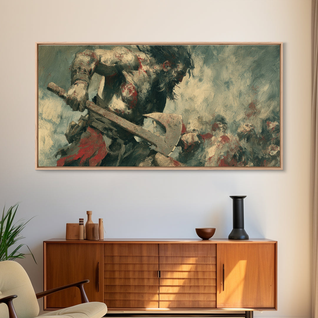 Bloodied Axe Warrior In Chaotic Battle Wall Art, Viking Fantasy Painting, Dark Medieval Canvas Decor For Man Cave Gift For Him