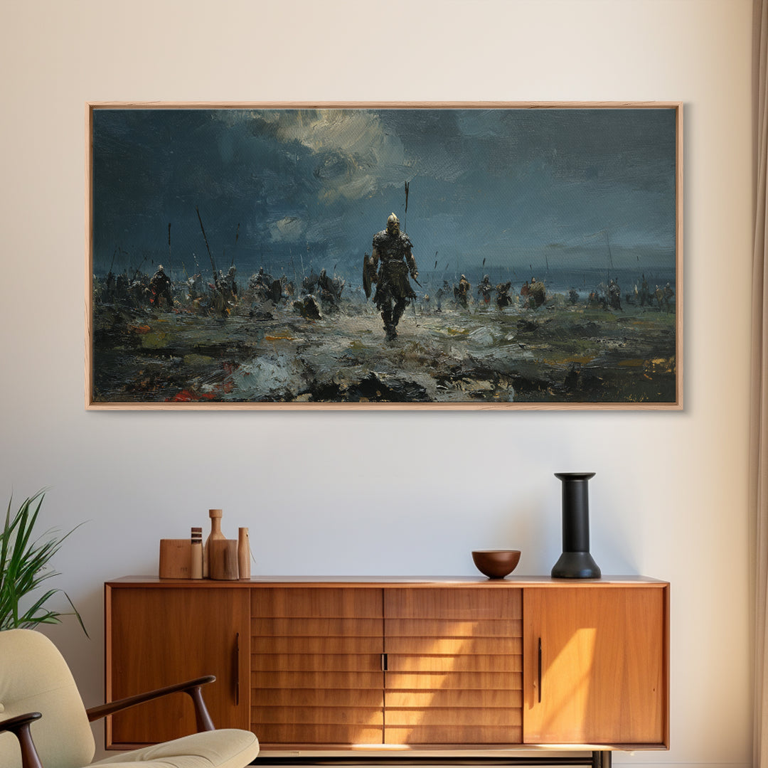 Warrior Leading Army Through Rain Canvas Print Dark Battlefield Wall Art, Epic Historical Decor For Masculine Home Office