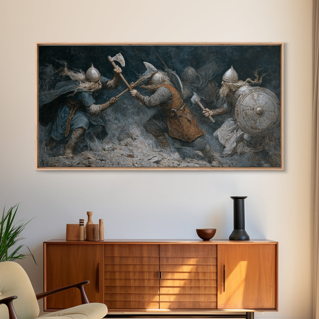 Medieval Warriors In Snowy Clash Framed Canvas Print, Viking Battle Wall Art, Dark Fantasy Man Cave Home Decor, Gift For Him