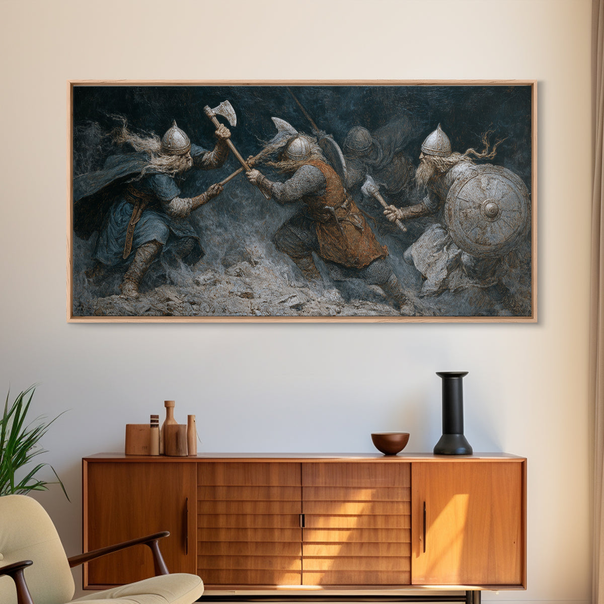 Medieval Warriors In Snowy Clash Framed Canvas Print, Viking Battle Wall Art, Dark Fantasy Man Cave Home Decor, Gift For Him